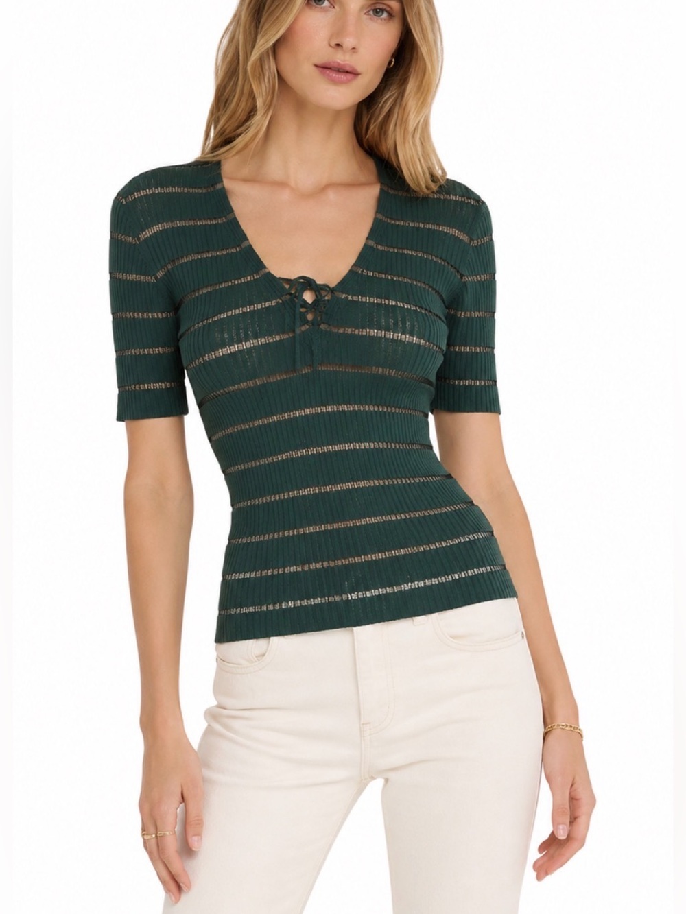 Sandro Green Striped Knit Lace Up Top Size 1 Small